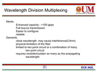 Wavelength Division Multiplexing
Merits

Enhanced capacity - >100 gbps
Full dup;ex transmission
Easier to configure
reliable
Demerits
close wavelength may cause interference(0.8nm)
physical limitation of the fiber
limited to two point circuit or a combination of many
two point circuit
requires mod/demoulator as many as the propagating
wavelenght

31

 
