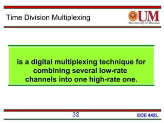 Time Division Multiplexing

is a digital multiplexing technique for
combining several low-rate
channels into one high-rate one.

32

 