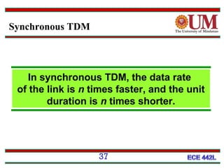 Synchronous TDM

In synchronous TDM, the data rate
of the link is n times faster, and the unit
duration is n times shorter.

37

 