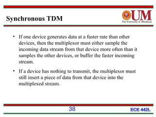 Synchronous TDM
• If one device generates data at a faster rate than other
devices, then the multiplexor must either sample the
incoming data stream from that device more often than it
samples the other devices, or buffer the faster incoming
stream.
• If a device has nothing to transmit, the multiplexor must
still insert a piece of data from that device into the
multiplexed stream.

38

 