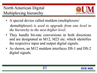 North American Digital
Multiplexing hierarchy
• A special device called muldem (multiplexers/
demultiplexer) is used to upgrade from one level in
the hierarchy to the next-higher level.
• They handle bit-rate conversions in both directions
and are designated as M12, M23 etc. which identifies
the respective input and output digital signals.
• As shown, an M12 muldem interfaces DS-1 and DS-2
digital signals.

67

 