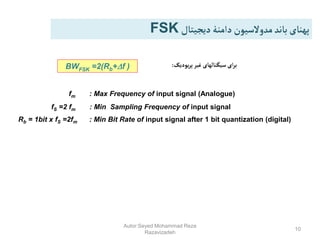 Autor:Seyed Mohammad Reza
Razavizadeh
10
‫دیجیتال‬‫دامنۀ‬‫مدوالسیون‬‫باند‬‫پهنای‬
FSK
fm : Max Frequency of input signal (Analogue)
Rb = 1bit x fS =2fm : Min Bit Rate of input signal after 1 bit quantization (digital)
fS =2 fm : Min Sampling Frequency of input signal
‫یودیک‬‫ر‬‫پ‬‫غیر‬ ‫سیگنالهای‬‫ای‬‫ر‬‫ب‬
:
BWFSK =2(Rb+f )
 