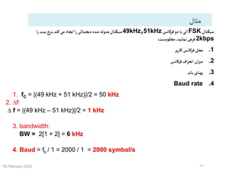 18 February 2023 11
1. fC = |(49 kHz + 51 kHz)|/2 = 50 kHz
2. f:
 f = |(49 kHz – 51 kHz)|/2 = 1 kHz
3. bandwidth:
BW = 2[1 + 2] = 6 kHz
4. Baud = fb / 1 = 2000 / 1 = 2000 symbol/s
‫مثال‬
‫سیگنال‬
FSK
‫فرکانس‬‫دو‬‫با‬‫ائی‬
51kHz
‫و‬
49kHz
‫ا‬‫ر‬ ‫بیت‬‫نرخ‬،‫کند‬‫می‬‫ایجاد‬ ‫ا‬‫ر‬ ‫دیجیتالی‬‫شده‬ ‫مدوله‬‫سیگنال‬
2kbps
‫مطلوبست‬ ،‫نمایید‬‫فرض‬
:
.1
‫یر‬‫ر‬‫کا‬‫فرکانس‬‫محل‬
.2
‫فرکانس‬‫اف‬‫ر‬‫انح‬ ‫ان‬‫ز‬‫می‬
.3
‫باند‬‫پهنای‬
.4
Baud rate
 