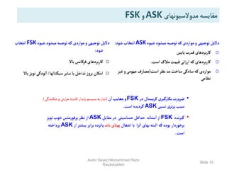 Slide 15
‫شیوه‬‫میشود‬‫توصیه‬‫که‬‫مواردی‬‫و‬‫توجیهی‬‫دالیل‬
FSK
‫انتخاب‬
‫شود‬
:
o
‫باال‬‫فرکانس‬‫بردهای‬‫ر‬‫کا‬
o
‫سیگنالها‬‫سایر‬ ‫با‬‫تداخل‬‫ز‬‫و‬‫بر‬‫امکان‬
/
‫با‬‫نویز‬‫لودگی‬‫ا‬
‫ال‬
•
‫در‬‫یستال‬‫ر‬‫ک‬‫بکارگیری‬‫رت‬‫و‬‫ضر‬
FSK
‫ن‬‫ا‬‫معایب‬‫و‬
(
‫شکنن‬‫و‬‫تی‬‫ر‬‫ا‬‫ر‬‫ح‬‫کنندة‬‫پایدار‬‫سیستم‬‫به‬‫نیاز‬
‫دگی‬
)
‫نسبی‬‫تری‬‫ر‬‫ب‬‫سبب‬
ASK
‫است‬‫گردیده‬
.
•
‫نده‬‫ر‬‫گی‬
FSK
‫مقابل‬‫در‬ ‫حساسیتی‬‫حداقل‬ ‫ستانه‬‫ا‬‫از‬
ASK
‫نویز‬‫خوب‬‫منس‬‫ر‬‫پرفو‬‫نظر‬‫از‬
‫اشغال‬‫با‬ ‫ا‬‫ر‬‫ن‬‫ا‬ ‫بهای‬ ‫البته‬‫که‬‫بوده‬‫دار‬‫ر‬‫برخو‬
‫باند‬‫پهنای‬
‫از‬‫بیشتر‬‫ابر‬‫ر‬‫ب‬‫پانزده‬
ASK
‫پرداخته‬
‫است‬
.
‫مدوالسیونهای‬‫مقایسه‬
ASK
‫و‬
FSK
‫شیوه‬‫میشود‬‫توصیه‬‫که‬‫مواردی‬‫و‬‫توجیهی‬‫دالیل‬
ASK
‫شود‬‫انتخاب‬
:
o
‫پایین‬‫قدرت‬‫بردهای‬‫ر‬‫کا‬
o
‫است‬‫مالک‬‫قیمت‬‫انی‬‫ز‬‫ار‬ ‫که‬‫بردهای‬‫ر‬‫کا‬
.
o
‫است‬‫نظر‬‫مد‬‫ساخت‬‫سادگی‬‫که‬‫مواردی‬
(
‫غیر‬‫و‬‫عمومی‬‫مصارف‬
‫نظامی‬
Autor:Seyed Mohammad Reza
Razavizadeh
 