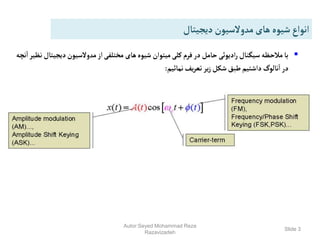 Slide 3
‫دیجیتال‬‫مدوالسیون‬‫های‬‫شیوه‬‫انواع‬

‫دیجی‬‫مدوالسیون‬‫از‬‫مختلفی‬ ‫های‬‫شیوه‬‫میتوان‬‫کلی‬ ‫فرم‬ ‫در‬ ‫حامل‬‫ادیوئی‬‫ر‬‫سیگنال‬‫مالحظه‬‫با‬
‫نچه‬‫ا‬‫نظیر‬‫تال‬
‫نمائیم‬‫یف‬‫ر‬‫تع‬‫یر‬‫ز‬‫شکل‬‫طبق‬‫داشتیم‬ ‫نالوگ‬‫ا‬‫در‬
:
Autor:Seyed Mohammad Reza
Razavizadeh
 