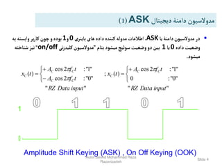 Slide 4
Amplitude Shift Keying (ASK) , On Off Keying (OOK)
‫دیجیتال‬‫دامنۀ‬‫مدوالسیون‬
ASK
(
1
)

‫یا‬‫دامنۀ‬‫مدوالسیون‬‫در‬
ASK
‫باینری‬ ‫های‬‫داده‬‫کننده‬ ‫مدوله‬ ‫اطالعات‬،
0
‫و‬
1
‫به‬‫وابسته‬ ‫یر‬‫ر‬‫کا‬‫چون‬‫و‬‫بوده‬
‫داده‬‫وضعیت‬
0
‫یا‬
1
‫بنام‬‫میشود‬‫سوئیچ‬‫وضعیت‬‫دو‬‫بین‬
”
‫نی‬‫ز‬‫کلید‬‫مدوالسیون‬
on/off
“
‫شناخته‬‫نیز‬
‫میشود‬
.
"
"
"
"
"
0
"
:
0
"
1
"
:
2
cos
)
(
;
"
0
"
:
2
cos
"
1
"
:
2
cos
)
(
input
Data
RZ
input
Data
RZ
t
f
A
t
x
t
f
A
t
f
A
t
x C
C
C
C
C
C
C
C













Autor:Seyed Mohammad Reza
Razavizadeh
 