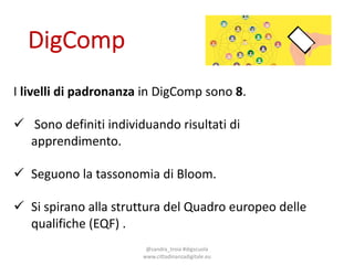 DigComp
@sandra_troia+#digscuola+
www.cittadinanzadigitale.eu
I+livelli di&padronanza in+DigComp sono 8.
! Sono definiti individuando risultati di+
apprendimento.
! Seguono la+tassonomia di+Bloom.
! Si+spirano alla struttura del+Quadro+europeo delle
qualifiche (EQF)+.
 