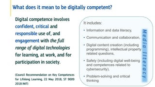 What does it mean to be digitally competent?
Digital competence involves
confident, critical and
responsible use of, and
engagement with the full
range of digital technologies
for learning, at work, and for
participation in society.
(Council Recommendation on Key Competences
for Lifelong Learning, 22 May 2018, ST 9009
2018 INIT)
M
e
d
i
a
l
I
t
e
r
a
c
y
It includes:
• Information and data literacy,
• Communication and collaboration,
• Digital content creation (including
programming), intellectual property
related questions,
• Safety (including digital well-being
and competences related to
cybersecurity),
• Problem-solving and critical
thinking
 