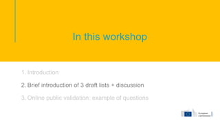 In this workshop
1. Introduction
2. Brief introduction of 3 draft lists + discussion
3. Online public validation: example of questions
 