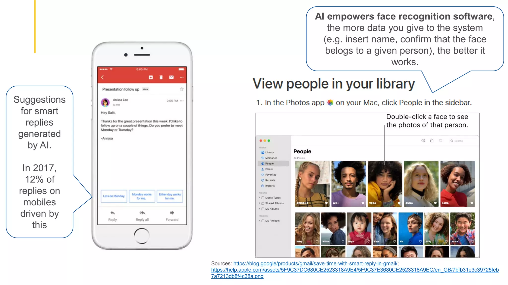 Sources: https://blog.google/products/gmail/save-time-with-smart-reply-in-gmail/;
https://help.apple.com/assets/5F9C37DC680CE2523318A9E4/5F9C37E3680CE2523318A9EC/en_GB/7bfb31e3c39725feb
7a7213db8f4c38a.png
Suggestions
for smart
replies
generated
by AI.
In 2017,
12% of
replies on
mobiles
driven by
this
AI empowers face recognition software,
the more data you give to the system
(e.g. insert name, confirm that the face
belogs to a given person), the better it
works.
 