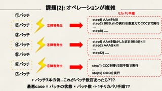 課題(2): オペレーションが複雑
①バッチ
②バッチ
③バッチ
④バッチ
⑤バッチ
⑥バッチ
⑦バッチ
②障害発生
④障害発生
⑥障害発生
step1) AAAをkill
step2) BBB.shの実行引数変えてCCCまで実行
….
step8) …..
step1) AAAを動かしたままBBBをkill
step2) AAAをkill
….
step12) …..
step1) CCCを残り3回手動で実行
...
step5) DDDを実行
↑ バッチ7本の例...これがバッチ数百あったら???
最悪case = バッチの状態 × バッチ数 -> 1千リカバリ手順??
リカバリ手順
 