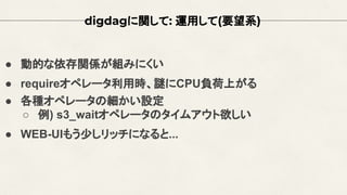 digdagに関して: 運用して(要望系)
● 動的な依存関係が組みにくい
● requireオペレータ利用時、謎にCPU負荷上がる
● 各種オペレータの細かい設定
○ 例) s3_waitオペレータのタイムアウト欲しい
● WEB-UIもう少しリッチになると...
 