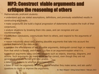 MP3: Construct viable arguments and
critique the reasoning of others
Mathematically proficient students:
• understand and use stated assumptions, definitions, and previously established results in
constructing arguments.
• make conjectures and build a logical progression of statements to explore the truth of their
conjectures.
• analyze situations by breaking them into cases, and can recognize and use
counterexamples.
• justify their conclusions, communicate them to others, and respond to the arguments of
others.
• reason inductively about data, making plausible arguments that take into account the
context from which the data arose.
• compare the effectiveness of two plausible arguments, distinguish correct logic or reasoning
from that which is flawed, and-if there is a flaw in an argument-explain what it is.
• construct arguments using concrete referents such as objects, drawings, diagrams, and
actions. Such arguments can make sense and be correct, even though they are not
generalized or made formal until later grades.
• determine domains to which an argument applies.
• listen or read the arguments of others, decide whether they make sense, and ask useful
questions to clarify or improve the arguments.
Dr. Marci Shepard  Orting School District  February 2013
 