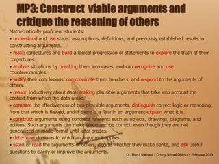 MP3: Construct viable arguments and
critique the reasoning of others
Mathematically proficient students:
• understand and use stated assumptions, definitions, and previously established results in
constructing arguments.
• make conjectures and build a logical progression of statements to explore the truth of their
conjectures.
• analyze situations by breaking them into cases, and can recognize and use
counterexamples.
• justify their conclusions, communicate them to others, and respond to the arguments of
others.
• reason inductively about data, making plausible arguments that take into account the
context from which the data arose.
• compare the effectiveness of two plausible arguments, distinguish correct logic or reasoning
from that which is flawed, and-if there is a flaw in an argument-explain what it is.
• construct arguments using concrete referents such as objects, drawings, diagrams, and
actions. Such arguments can make sense and be correct, even though they are not
generalized or made formal until later grades.
• determine domains to which an argument applies.
• listen or read the arguments of others, decide whether they make sense, and ask useful
questions to clarify or improve the arguments.
Dr. Marci Shepard  Orting School District  February 2013
 