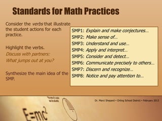 Consider the verbs that illustrate
the student actions for each
practice.
Highlight the verbs.
Discuss with partners:
What jumps out at you?
Synthesize the main idea of the
SMP.
SMP1: Explain and make conjectures…
SMP2: Make sense of…
SMP3: Understand and use…
SMP4: Apply and interpret…
SMP5: Consider and detect…
SMP6: Communicate precisely to others…
SMP7: Discern and recognize…
SMP8: Notice and pay attention to…
Standards for Math Practices
Dr. Marci Shepard  Orting School District  February 2013
 