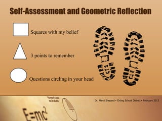 Shapes reflection
Squares with my belief
3 points to remember
Questions circling in your head
Self-Assessment and Geometric Reflection
Dr. Marci Shepard  Orting School District  February 2013
 
