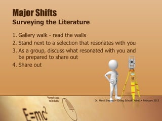 Major Shifts
Surveying the Literature
1. Gallery walk - read the walls
2. Stand next to a selection that resonates with you
3. As a group, discuss what resonated with you and
be prepared to share out
4. Share out
Dr. Marci Shepard  Orting School District  February 2013
 