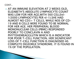  AT AN IMMUNE ELEVATION AT 2 WEEKS OLD,
ELIZABETH’S ABSOLUTE LYMPHOCYTE COUNT
WAS LOW FOR HER AGE,WITH 560 CELLSчl-
1(3000 LYMPHOCYTES PER чl-1).SHE HAD
ALMOST NO CD3+ T CELLS, WHILE NOS OF CD-
19 AND B CELLS WERE FOUND TO BE NORMAL
FOR HER AGE. HER PERIPHERAL BLOOD
MONONUCLEAR CELLS (PBMC) RESPONDED
POORLY TO CONCLAVIN A AND
PHYTOHEMEAGGLUTIN WHICH IS A INDICATOR
FOR POOR T-CELL FUNCTION. HER SIGNIFICANT
LOSS OF T-CELL FUNCTION IS DIAGNOSED AS
COMPLETE DIGEORGE SYNDROME. IT IS FOUND IN
1% OF THE POPULATION.
 