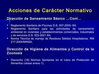 Acciones de Carácter Normativo
Dirección de Saneamiento Básico …Cont…
 Reglamento Sanitario de Piscinas D.S. 007-2003- SA...