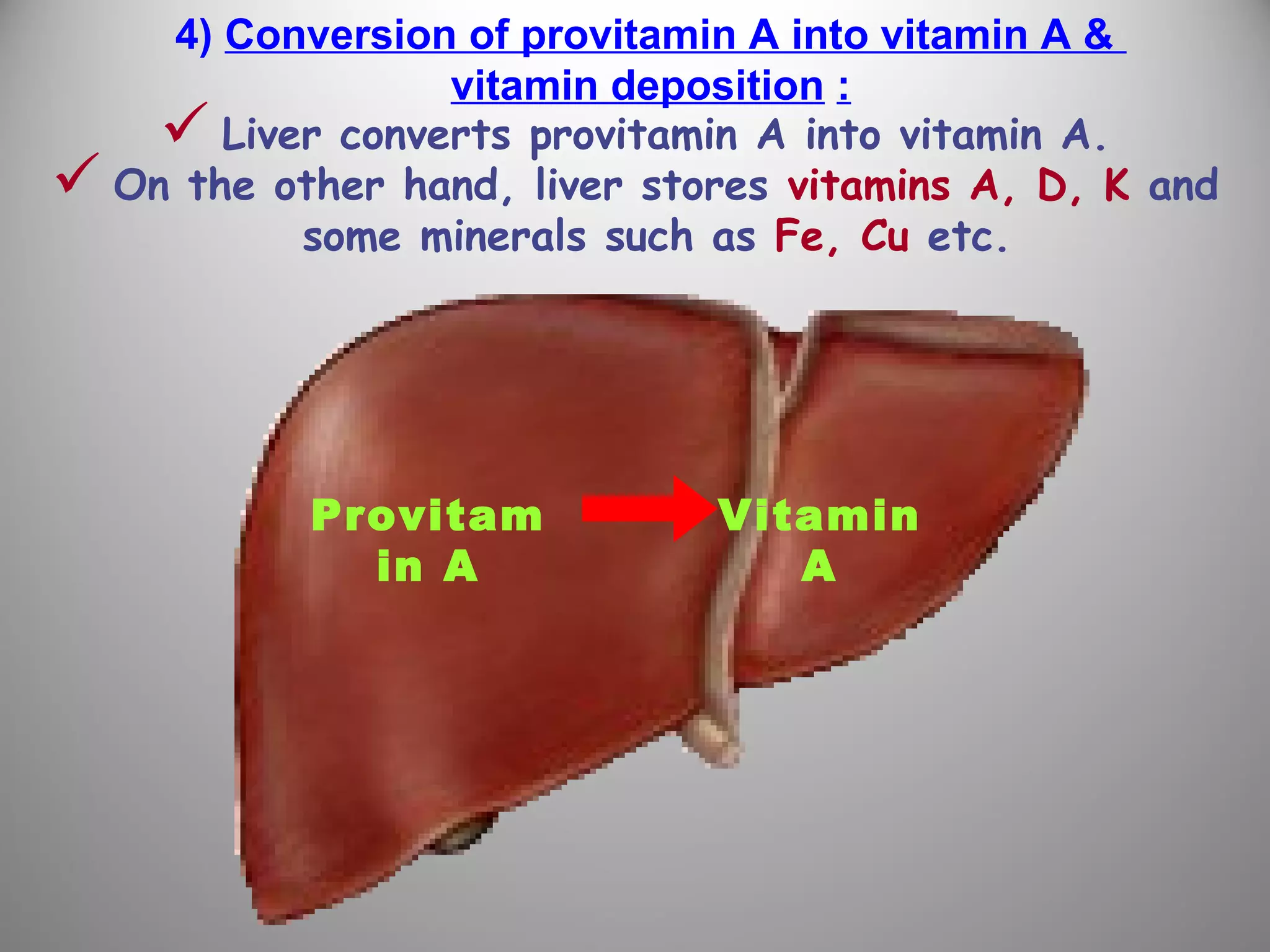 4) Conversion of provitamin A into vitamin A &
vitamin deposition :
 Liver converts provitamin A into vitamin A.
 On the other hand, liver stores vitamins A, D, K and
some minerals such as Fe, Cu etc.
Provitam
in A
Vitamin
A
 