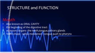 STRUCTURE and FUNCTION
Mouth
• Also known as ORAL CAVITY
• the beginning of the digestive tract
• accessory organs- the teeth,tongue,salivary glands
 Teeth chops - saliva moistened - tongue push to pharynx
 