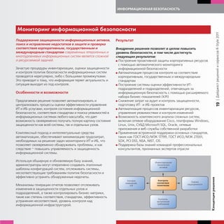 ИНФОРМАЦИОННАЯ БЕЗОПАСНОСТЬ




Мониторин информационной безопасности




                                                                                                                                              | Дайджест решений и сервисов R-Style 2011
Поддержание защищенности информационных активов,               Результат
поиск и исправление недостатков в защите и проверка
соответствия корпоративным, государственным и                  Внедрение решения позволит в целом повысить
международным стандартам современных гетерогенных и            уровень безопасности, в том числе достигнуть
многоуровневых информационных систем является сложной          следующих результатов:
и ресурсоемкой задачей.                                        G Построение проактивной защиты корпоративных ресурсов
                                                                 с помощью автоматического мониторинга
Зачастую процедуры инвентаризации, оценки защищенности           информационной безопасности
и контроля политик безопасности информационных систем          G Автоматизация процессов контроля на соответствие
проводятся нерегулярно, либо с большими промежутками.            корпоративным, государственным и международным
Это приводит к тому, что информация теряет актуальность и        стандартам
ситуация выходит из под контроля.                              G Построение системы оценки эффективности ИТ-
                                                                 подразделений и подразделений, отвечающих за
Особенности и возможности                                        информационную безопасность с помощью расширяемого
                                                                 набора бизнес-показателей (KPI)
Предлагаемое решение позволяет автоматизировать и              G Снижение затрат на аудит и контроль защищенности,




                                                                                                                                              19
централизовать процессы оценки эффективности управления          подготовку ИТ- и ИБ-проектов
ИТ и ИБ-услугами, контроля состояния информационной            G Автоматизация процессов инвентаризации ресурсов,
безопасности, соответствия стандартам и поиска уязвимостей в     управления уязвимостями и контроля изменений
информационных системах любого масштаба, что дает              G Возможность комплексного анализа сложных систем,
возможность своевременно получать полную картину состояния       включая сетевое оборудование Cisco, платформы Windows,
защищенности как всей системы, так и отдельных узлов.            Linux, Unix, СУБД Microsoft SQL, Oracle, сетевые
                                                                 приложения и веб-службы собственной разработки
Комплексный подход и интеллектуальные средства                 G Применение встроенной поддержки основных стандартов,
автоматизации, обеспечивают минимизацию трудозатрат,             таких как ГОСТ ИСО/МЭК 17799, ГОСТ ИСО/МЭК 27001,
необходимых на решение задач мониторинга ИТ и ИБ, что            SOX, PCI DSS, NSA, NIST, CIS
позволяет своевременно обнаруживать проблемы, и как            G Поддержка базы знаний командой профессиональных
следствие – повышать управляемость и защищенность                консультантов, признанных экспертов отрасли
информационной системы.

Используя обширную и обновляемую базу знаний,
администраторы могут оперативно создавать эталонные
шаблоны конфигураций систем, отслеживать системы,
несоответствующие требованиям политик безопасности и
эффективно устранять обнаруженные недочеты.




                                                                                                                          Концепция решения
Механизмы генерации отчетов позволяют отслеживать
изменения в защищенности отдельных узлов и
подразделений, а также контролировать бизнес-метрики,
такие как степень соответствия, стандартам, эффективность
устранения несоответствий, уровень контроля над
информационной инфраструктурой.
 