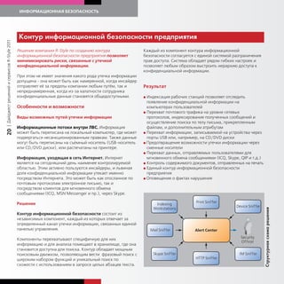 ИНФОРМАЦИОННАЯ БЕЗОПАСНОСТЬ




                                             Конт р информационной безопасности предприятия
| Дайджест решений и сервисов R-Style 2011




                                             Решение компании R-Style по созданию контура                Каждый из компонент контура информационной
                                             информационной безопасности предприятия позволяет           безопасности согласуется с единой системой разграничения
                                             минимизировать риски, связанные с утечкой                   прав доступа. Система обладает рядом гибких настроек и
                                             конфиденциальной информации.                                позволяет любым образом выстроить иерархию доступа к
                                                                                                         конфиденциальной информации.
                                             При этом не имеет значения какого рода утечка информации
                                             допущена - она может быть как намеренной, когда инсайдер
                                             отправляет её за пределы компании любым путём, так и        Результат
                                             непреднамеренная, когда из-за халатности сотрудника
                                             конфиденциальные данные становятся общедоступными.          G Индексация рабочих станций позволяет отследить
                                                                                                           появление конфиденциальной информации на
                                             Особенности и возможности                                     компьютерах пользователей
                                                                                                         G Перехват почтового трафика на уровне сетевых
                                             Виды возможных путей утечки информации                        протоколов, индексирование полученных сообщений и
                                                                                                           осуществление поиска по телу письма, прикрепленным
                                             Информационные потоки внутри ЛВС. Информация                  файлам, и дополнительным атрибутам
20




                                             может быть переписана на локальный компьютер, где может     G Перехват информации, записываемой на устройства через
                                             подвергаться несанкционированным правкам. Также данные        порты USB или, например, на CD/DVD диски
                                             могут быть переписаны на съёмный носитель (USB-носитель     G Предотвращение возможности утечки информации через
                                             или CD/DVD диски), или распечатаны на принтере.               сменные носители
                                                                                                         G Перехват данных, отправляемых пользователями для
                                             Информация, уходящая в сеть Интернет. Интернет                мгновенного обмена сообщениями (ICQ, Skype, QIP и т.д.)
                                             является на сегодняшний день наименее контролируемой        G Контроль содержимого документов, отправленных на печать
                                             областью. Этим активно пользуются инсайдеры, и львиная      G Единый контур информационной безопасности
                                             доля конфиденциальной информации утекает именно               предприятия
                                             посредством Интернета. Это может быть как отосланное по     G Оповещение о фактах нарушения
                                             почтовым протоколам электронное письмо, так и
                                             посредством клиентов для мгновенного обмена
                                             сообщениями (ICQ, MSN Messenger и пр.), через Skype.

                                             Решение




                                                                                                                                                                     т рная схема решения
                                             Контур информационной безопасности состоит из
                                             независимых компонент, каждый из которых отвечает за
                                             определенный канал утечки информации, связанных единой
                                             панелью управления.

                                             Компоненты перехватывают специфичную для них
                                             информацию и для анализа помещают в хранилище, где она
                                             становится доступна для поиска. Контур обладает мощным
                                             поисковым движком, позволяющим вести фразовый поиск с
                                             широким набором функций и уникальный поиск по
                                                                                                                                                                     Стр
                                             схожести с использованием в запросе целых абзацев текста.
 
