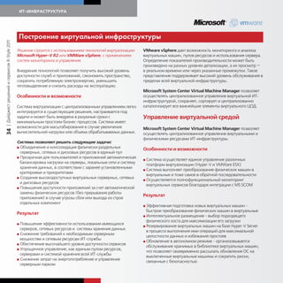 ИТ-ИНФРАСТРУКТУРА




                                             Построение вирт альной инфрастр                                т ры
| Дайджест решений и сервисов R-Style 2011




                                             Решение строится с использованием технологий виртуализации     VMware vSphere дает возможность мониторинга и анализа
                                             Microsoft Hyper-V R2 или VMWare vSphere, с применением         виртуальных машин, пулов ресурсов и использования сервера.
                                             систем мониторинга и управления.                               Определение показателей производительности может быть
                                                                                                            произведено на разных уровнях детализации, а их просмотр —
                                             Внедрение технологий позволяет получить высокий уровень        в реальном времени или через указанные промежутки. Такое
                                             доступности служб и приложений, сэкономить пространство,       представление поддерживает высокий уровень обслуживания в
                                             сократить потребляемую электроэнергию, уменьшить               пределах всей виртуальной инфраструктуры.
                                             тепловыделение и снизить расходы на эксплуатацию.
                                                                                                            Microsoft System Center Virtual Machine Manager позволяет
                                             Особенности и возможности                                      осуществлять централизованное управление виртуальной ИТ-
                                                                                                            инфраструктурой, сохраняет, сортирует и централизованно
                                             Система виртуализации с централизованным управлением легко     каталогизирует все важнейшие элементы виртуального ЦОД.
                                             интегрируется в существующие решения, настраивается под
                                             задачи и может быть внедрена в разумные сроки с                Управление виртуальной средой
                                             минимальным простоем бизнес-процессов. Система имеет
                                             возможности для масштабирования в случае увеличения            Microsoft System Center Virtual Machine Manager позволяет
34




                                             вычислительной нагрузки или объема обрабатываемых данных.      осуществлять централизованное управление виртуальными и
                                                                                                            физическими ресурсами ИТ-инфраструктуры.
                                             Система позволяет решить следующие задачи:
                                             G Объединение и консолидация физически раздельных
                                                                                                            Особенности и возможности
                                               серверных, сетевых и дисковых ресурсов в единый пул
                                             G Прозрачная для пользователей и приложений автоматическая
                                                                                                            G Система осуществляет единое управление различных
                                               балансировка нагрузки на серверы, локальные сети и систему
                                                                                                              платформ виртуализации (Hyper-V и VMWare ESX)
                                               хранения данных, в соответствии с заранее установленными
                                                                                                            G Система выполняет преобразование физических машин в
                                               критериями и приоритетами
                                                                                                              виртуальные и тоже самое в обратной последовательности
                                             G Создание высокодоступных виртуальных серверных, сетевых
                                                                                                            G Осуществляется полнофункциональный мониторинг
                                               и дисковых ресурсов
                                                                                                              виртуальных сервисов благодаря интеграции с MS SCOM
                                             G Повышение доступности приложений за счет автоматической
                                               замены физических ресурсов (без прерывания работы
                                                                                                            Результат
                                               приложения) в случае угрозы сбоя или выхода из строя
                                               отдельных компонент
                                                                                                            G Эффективная   подготовка новых виртуальных машин -
                                                                                                              быстрое преобразование физических машин в виртуальные
                                             Результат
                                                                                                            G Интеллектуальное размещение - выбор подходящего
                                                                                                              физического хоста для максимизации его загрузки
                                             G Повышение   эффективности использования имеющихся
                                                                                                            G Резервирование виртуальных машин на базе Hyper-V Server
                                               серверов, сетевых ресурсов и системы хранения данных
                                                                                                              в процессе выполнения ими операций для максимальной
                                             G Снижение требований к необходимым серверным
                                                                                                              целостности данных и избежания простоев
                                               мощностям и сетевым ресурсам ИТ-службы
                                                                                                            G Обновление в автономном режиме - организовывается
                                             G Обеспечение высочайшего уровня доступности сервисов
                                                                                                              обслуживание хранимых в библиотеке виртуальных машин,
                                             G Упрощенное управление, как единым пулом ресурсов,
                                                                                                              что позволяет своевременно рассылать обновления ОС на
                                               серверами и системой хранения всей ИТ-службы
                                                                                                              выключенные виртуальные машины и сократить риски,
                                             G Снижение затрат на энергопотребление и управление
                                                                                                              связанные с безопасностью
                                               серверным парком
 