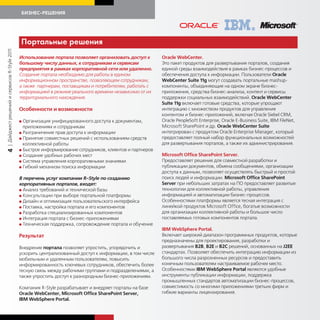 БИЗНЕС-РЕШЕНИЯ




                                             Портальные решения
| Дайджест решений и сервисов R-Style 2011




                                             Использование портала позволяет организовать доступ к        Oracle WebCenter.
                                             большому числу данных, к сотрудникам и сервисам              Это пакет продуктов для развертывания порталов, создания
                                             предприятия в рамках корпоративной сети или удаленно.        единой среды взаимодействия в рамках бизнес-процессов и
                                             Создание портала необходимо для работы в едином              обеспечения доступа к информации. Пользователи Oracle
                                             информационном пространстве, позволяющем сотрудникам,        WebCenter Suite 11g могут создавать портальные mashup-
                                             а также партнерам, поставщикам и потребителям, работать с    компоненты, объединяющие на одном экране бизнес-
                                             информацией в режиме реального времени независимо от их      приложения, средства бизнес-анализа, контент и сервисы
                                             территориального нахождения.                                 поддержки социальных взаимодействий. Oracle WebCenter
                                                                                                          Suite 11g включает готовые средства, которые упрощают
                                             Особенности и возможности                                    интеграцию с множеством продуктов для управления
                                                                                                          контентом и бизнес-приложений, включая Oracle Siebel CRM,
                                             G Организация унифицированного доступа к документам,         Oracle PeopleSoft Enterprise, Oracle E-Business Suite, IBM FileNet,
                                               приложениям и сотрудникам                                  Microsoft SharePoint и др. Oracle WebCenter Suite
                                             G Разграничение прав доступа к информации                    интегрирован с продуктом Oracle Enterprise Manager, который
                                             G Принятие совместных решений с использованием средств       предоставляет полный набор функциональных возможностей
                                               коллективной работы                                        для развертывания порталов, а также их администрирования.
                                             G Быстрое информирование сотрудников, клиентов и партнеров
4




                                             G Создание удобных рабочих мест                              Microsoft Office SharePoint Server.
                                             G Система управления корпоративными знаниями                 Предоставляет решение для совместной разработки и
                                             G Гибкий механизм поиска информации                          публикации документов, обмена сообщениями, организации
                                                                                                          доступа к данным, позволяет осуществлять быстрый и простой
                                             В перечень услуг компании R-Style по созданию                поиск людей и информации. Microsoft Office SharePoint
                                             корпоративных порталов, входят:                              Server при небольших затратах на ПО предоставляет развитые
                                             G Анализ требований и технической базы                       технологии для коллективной работы, управления
                                             G Консультации при выборе портальной платформы               информацией и автоматизации бизнес-процессов.
                                             G Дизайн и оптимизация пользовательского интерфейса          Особенностями платформы является тесная интеграция с
                                             G Поставка, настройка портала и его компонентов              линейкой продуктов Microsoft Office, богатые возможности
                                             G Разработка специализированных компонентов                  для организации коллективной работы и большое число
                                             G Интеграция портала с бизнес-приложениями                   поставляемых готовых компонентов портала.
                                             G Техническая поддержка, сопровождение портала и обучение
                                                                                                          IBM WebSphere Portal.
                                             Результат                                                    Включает широкий диапазон программных продуктов, которые
                                                                                                          предназначены для проектирования, разработки и
                                             Внедрение портала позволяет упростить, упорядочить и         развертывания B2B, B2E и B2C решений, основанных на J2EE
                                             ускорить централизованный доступ к информации, в том числе   стандартах. Позволяет обеспечить интеграцию информации из
                                             мобильным и удаленным пользователям, повысить                большого числа разрозненных ресурсов и предоставить
                                             информированность ключевых сотрудников, обеспечить более     конечным пользователям настраиваемое рабочее место.
                                             тесную связь между рабочими группами и подразделениями, а    Особенностями IBM WebSphere Portal являются удобные
                                             также упростить доступ к разнородным бизнес-приложениям.     инструменты публикации информации, поддержка
                                                                                                          промышленных стандартов автоматизации бизнес-процессов,
                                             Компания R-Style разрабатывает и внедряет порталы на базе    совместимость со многими приложениями третьих фирм и
                                             Oracle WebCenter, Microsoft Office SharePoint Server,        гибкие варианты лицензирования.
                                             IBM WebSphere Portal.
 