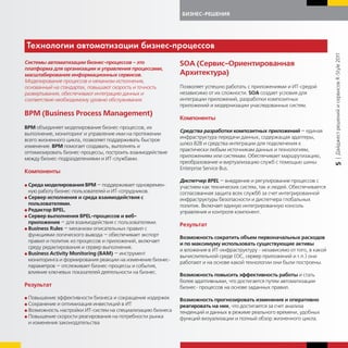 БИЗНЕС-РЕШЕНИЯ




Техноло ии автоматизации бизнес-процессов




                                                                                                                            | Дайджест решений и сервисов R-Style 2011
Системы автоматизации бизнес-процессов - это                 SOA (Сервис-Ориентированная
платформа для организации и управления процессами,
масштабирования информационных сервисов.                     Архитектура)
Моделирование процессов и механизм исполнения,
основанный на стандартах, повышают скорость и точность       Позволяет успешно работать с приложениями и ИТ-средой
развертывания, обеспечивают интеграцию данных и              независимо от их сложности. SOA создает условия для
соответствие необходимому уровню обслуживания.               интеграции приложений, разработки композитных
                                                             приложений и модернизации унаследованных систем.
BPM (Business Process Management)
                                                             Компоненты
BPM объединяет моделирование бизнес-процессов, их
                                                             Средства разработки композитных приложений — единая
выполнение, мониторинг и управление ими на протяжении
                                                             инфраструктура передачи данных, содержащая адаптеры,
всего жизненного цикла, позволяет поддерживать быстрое
                                                             шлюз B2B и средства интеграции для подключения к
изменение. BPM помогает создавать, выполнять и
                                                             практически любым источникам данных и технологиям,
оптимизировать бизнес-процессы, построить взаимодействие
                                                             приложениям или системам. Обеспечивает маршрутизацию,
между бизнес-подразделениями и ИТ-службами.
                                                             преобразование и виртуализацию служб с помощью шины




                                                                                                                            5
                                                             Enterprise Service Bus.
Компоненты
                                                             Диспетчер BPEL — внедрение и регулирование процессов с
G Среда моделирования BPM — поддерживает одновремен-         участием как технических систем, так и людей. Обеспечивается
  ную работу бизнес-пользователей и ИТ-сотрудников.          согласованная защита всех службб за счет интегрированной
G Cервер исполнения и среда взаимодействия с
                                                             инфраструктуры безопасности и диспетчера глобальных
  пользователями.                                            политик. Включает единую интегрированную консоль
G Редактор BPEL.
                                                             управления и контроля компонент.
G Сервер выполнения BPEL-процессов и веб-
  приложения — для взаимодействия с пользователями.          Результат
G Business Rules — механизм описательных правил с
  функциями логического вывода — обеспечивает экспорт
                                                             Возможность сократить объем первоначальных расходов
  правил и политик из процессов и приложений, включает
                                                             и по максимуму использовать существующие активы
  среду редактирования и сервер выполнения.
                                                             и вложения в ИТ-инфраструктуру - независимо от того, в какой
G Business Activity Monitoring (BAM) — инструмент
                                                             вычислительной среде (ОС, сервер приложений и т.п.) они
  мониторинга и формирования реакции на изменение бизнес-
                                                             работают и на основе какой технологии они были построены.
  параметров — отслеживает бизнес-процессы и события,
  влияние ключевых показателей деятельности на бизнес.
                                                             Возможность повысить эффективность работы и стать
                                                             более адаптивными, что достигается путем автоматизации
Результат                                                    бизнес- процессов на основе заданных правил.
G Повышение эффективности бизнеса и сокращение издержек      Возможность прогнозировать изменения и оперативно
G Сохранение и оптимизация инвестиций в ИТ                   реагировать на них, что достигается за счет анализа
G Возможность настройки ИТ-систем на специализацию бизнеса
                                                             тенденций и данных в режиме реального времени, удобных
G Повышение скорости реагирования на потребности рынка
                                                             функций визуализации и полный обзор жизненного цикла.
  и изменения законодательства
 