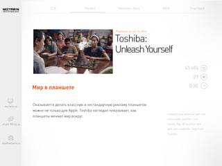 Unleash your potential with the
detachable Satellite Click
Series. Big HD touchscreen
with zero tradeoffs. Only from
Toshiba.
Оказывается делать классную и нестандартную рекламу
планшетов можно не только для Apple. Toshiba наглядно
показывает, как планшеты меняют мир вокруг.
Мир в планшете
45 404
27
0:30
Toshiba:
UnleashYourself
CCA Toshiba Mercedes-Benz IKEA Chambord
 