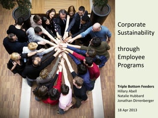 Corporate
Sustainability
through
Employee
Programs
Triple Bottom Feeders
Hillary Abell
Natalie Hubbard
Jonathan Dirrenberger
18 Apr 2013
 