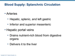 Blood Supply: Splanchnic Circulation
• Arteries
• Hepatic, splenic, and left gastric
• Inferior and superior mesenteric

• Hepatic portal veins
• Drains nutrient-rich blood from digestive
organs
• Delivers it to the liver

Copyright © 2011 Pearson Education, Inc.

 