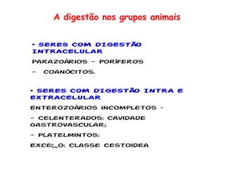 A digestão nos grupos animais SERES COM DIGESTÃO INTRACELULAR Parazoários - Poríferos -  coanócitos.  SERES COM DIGESTÃO INTRA E EXTRACELULAR Enterozoários incompletos –  - Celenterados: Cavidade gastrovascular; Platelmintos:  Exceção: Classe Cestoidea 
