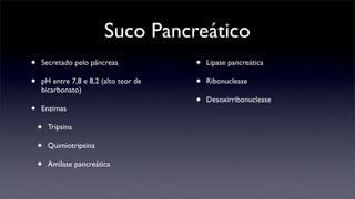 Suco Pancreático
•   Secretado pelo pâncreas            •   Lipase pancreática

•   pH entre 7,8 e 8,2 (alto teor de   •   Ribonuclease
    bicarbonato)
                                       •   Desoxirribonuclease
•   Enzimas

    •   Tripsina

    •   Quimiotripsina

    •   Amilase pancreática
 