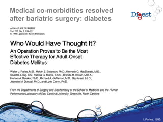 Medical co-morbidities resolved
after bariatric surgery: diabetes
1. Pories, 1995.
 