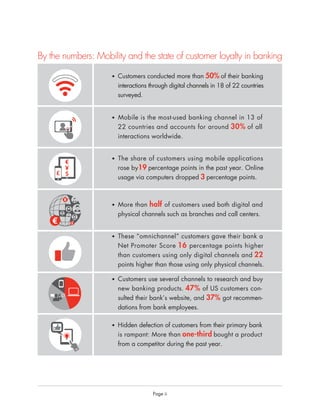 Page ii
• Customers conducted more than 50% of their banking
interactions through digital channels in 18 of 22 countries
surveyed.
• Mobile is the most-used banking channel in 13 of
22 countries and accounts for around 30% of all
interactions worldwide.
• The share of customers using mobile applications
rose by19 percentage points in the past year. Online
usage via computers dropped 3 percentage points.
• More than half of customers used both digital and
physical channels such as branches and call centers.
• These “omnichannel” customers gave their bank a
Net Promoter Score 16 percentage points higher
than customers using only digital channels and 22
points higher than those using only physical channels.
• Customers use several channels to research and buy
new banking products. 47% of US customers con-
sulted their bank’s website, and 37% got recommen-
dations from bank employees.
• Hidden defection of customers from their primary bank
is rampant: More than one-third bought a product
from a competitor during the past year.
By the numbers: Mobility and the state of customer loyalty in banking
 