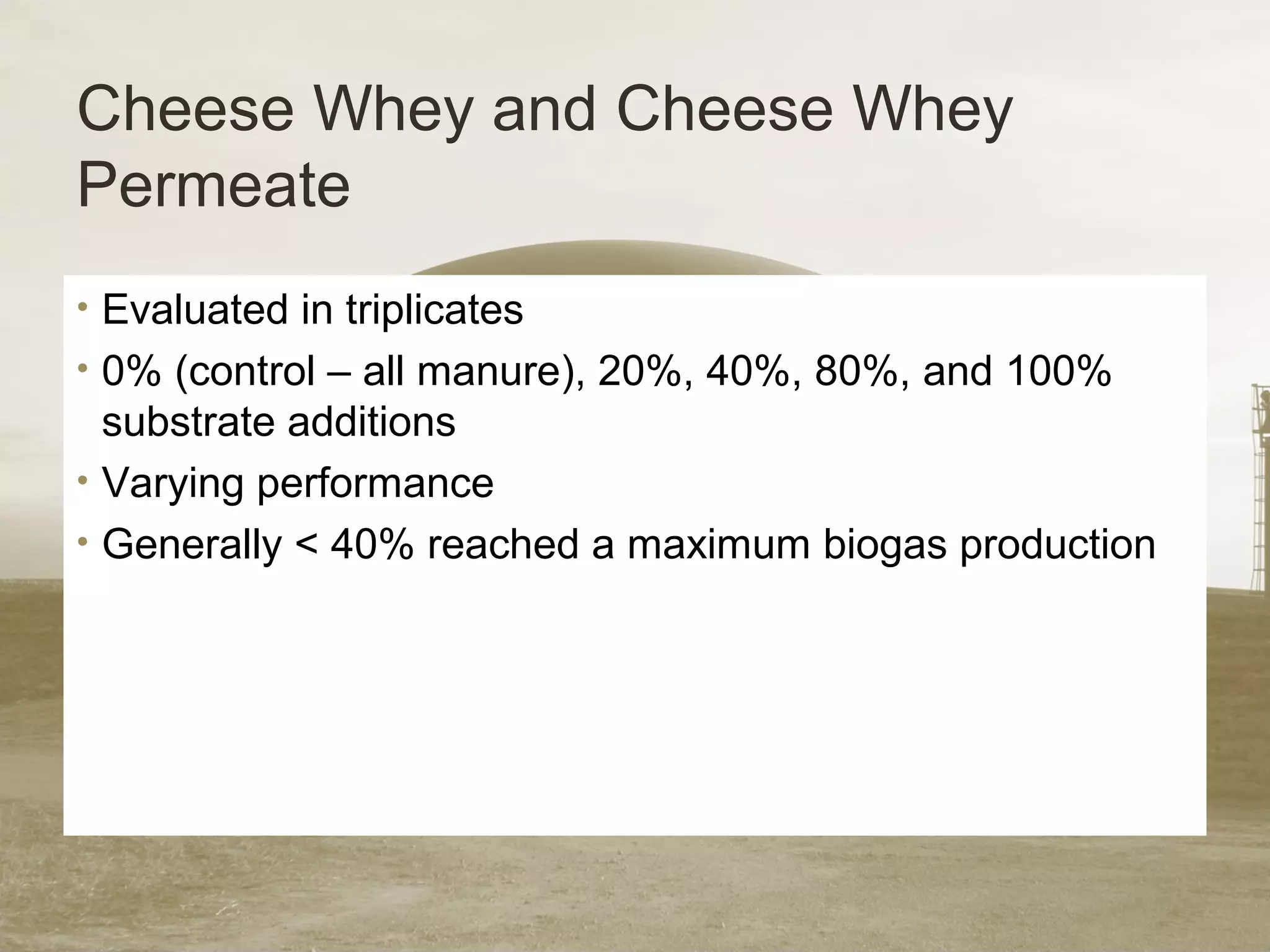 Cheese Whey and Cheese Whey
Permeate
• Evaluated in triplicates
• 0% (control – all manure), 20%, 40%, 80%, and 100%
substrate additions
• Varying performance
• Generally < 40% reached a maximum biogas production
 