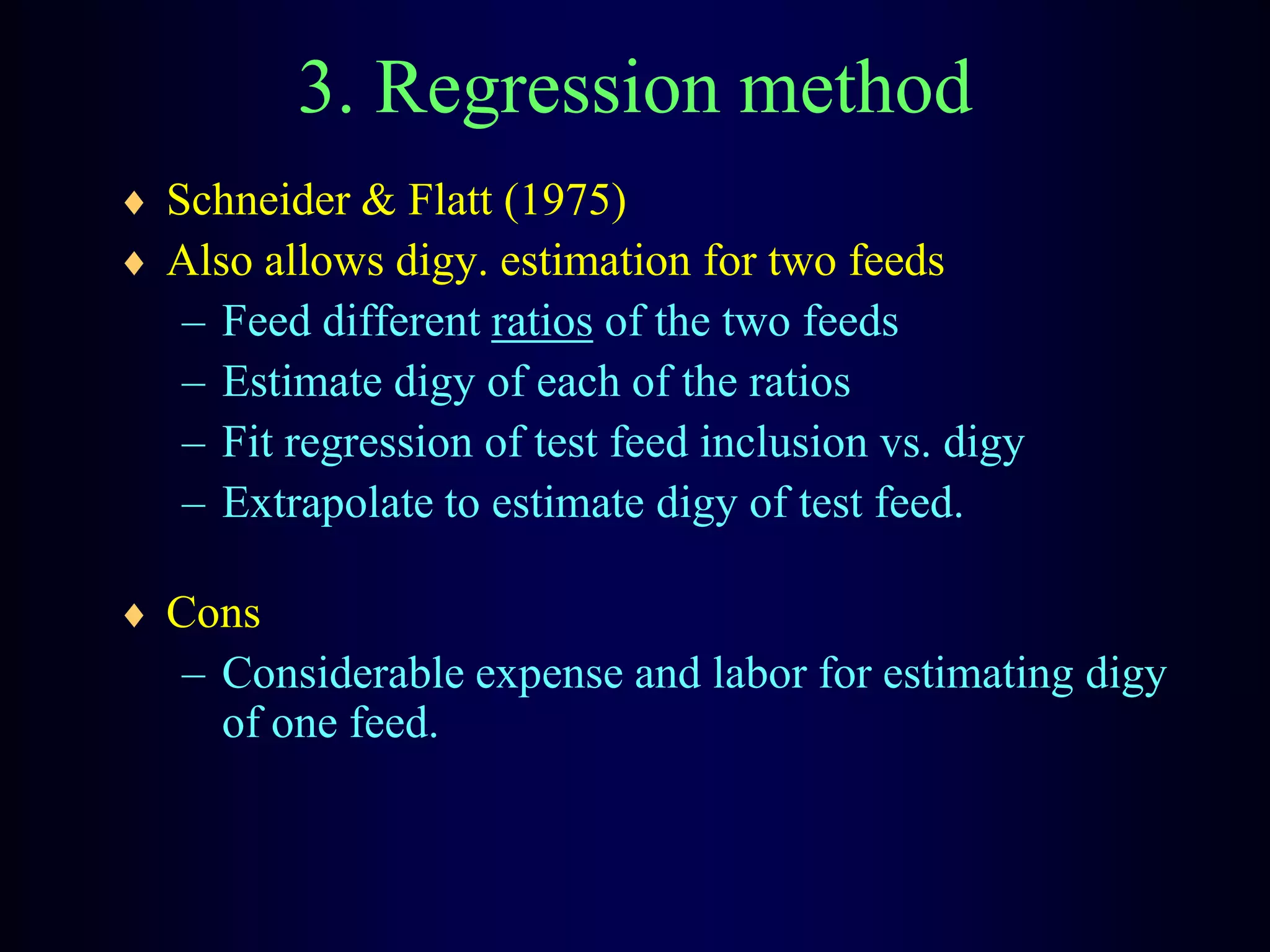 3. Regression method
Schneider & Flatt (1975)
Also allows digy. estimation for two feeds
– Feed different ratios of the two feeds
– Estimate digy of each of the ratios
– Fit regression of test feed inclusion vs. digy
– Extrapolate to estimate digy of test feed.
Cons
– Considerable expense and labor for estimating digy
of one feed.
 