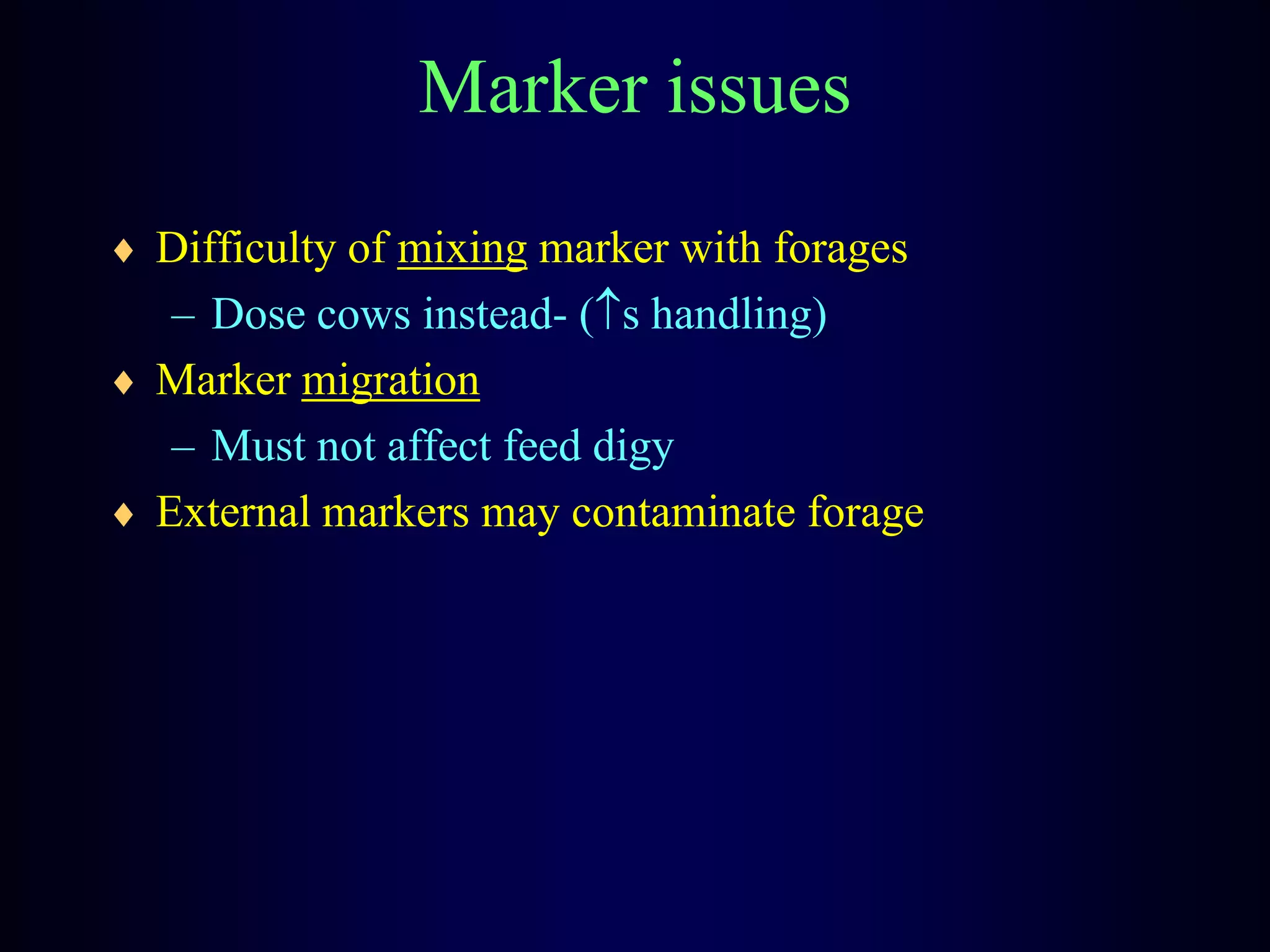 Marker issues
Difficulty of mixing marker with forages
– Dose cows instead- ( s handling)
Marker migration
– Must not affect feed digy
External markers may contaminate forage
 