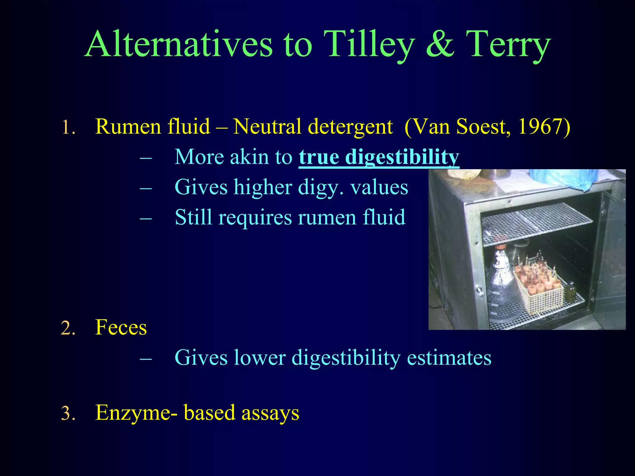 Alternatives to Tilley & Terry
1. Rumen fluid – Neutral detergent (Van Soest, 1967)
– More akin to true digestibility
– Gives higher digy. values
– Still requires rumen fluid
2. Feces
– Gives lower digestibility estimates
3. Enzyme- based assays
 
