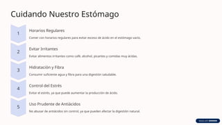 Cuidando Nuestro Estómago
Horarios Regulares
Comer con horarios regulares para evitar exceso de ácido en el estómago vacío.
Evitar Irritantes
Evitar alimentos irritantes como café, alcohol, picantes y comidas muy ácidas.
Hidratación y Fibra
Consumir suficiente agua y fibra para una digestión saludable.
Control del Estrés
Evitar el estrés, ya que puede aumentar la producción de ácido.
Uso Prudente de Antiácidos
No abusar de antiácidos sin control, ya que pueden afectar la digestión natural.
 