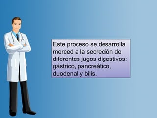 Este proceso se desarrolla 
merced a la secreción de 
diferentes jugos digestivos: 
gástrico, pancreático, 
duodenal y bilis. 
 