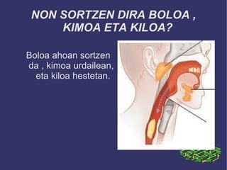NON SORTZEN DIRA BOLOA ,
     KIMOA ETA KILOA?

Boloa ahoan sortzen
da , kimoa urdailean,
  eta kiloa hestetan.
 