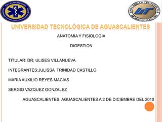 Universidad tecnológica de Aguascalientes ANATOMIA Y FISIOLOGIA DIGESTION TITULAR: DR; ULISES VILLANUEVA INTEGRANTES:JULISSA  TRINIDAD CASTILLO MARIA AUXILIO REYES MACIAS SERGIO VAZQUEZ GONZALEZ              AGUASCALIENTES, AGUASCALIENTES A 2 DE DICIEMBRE DEL 2010 