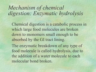 Mechanism of chemical
digestion: Enzymatic hydrolysis
 Chemical digestion is a catabolic process in
 which large food molecules are broken
 down to monomers small enough to be
 absorbed by the GI tract lining.
 The enzymatic breakdown of any type of
 food molecule is called hydrolysis, due to
 the addition of a water molecule to each
 molecular bond broken.
 