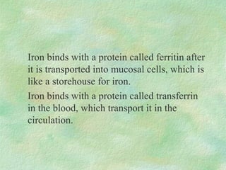 Iron binds with a protein called ferritin after
it is transported into mucosal cells, which is
like a storehouse for iron.
Iron binds with a protein called transferrin
in the blood, which transport it in the
circulation.
 