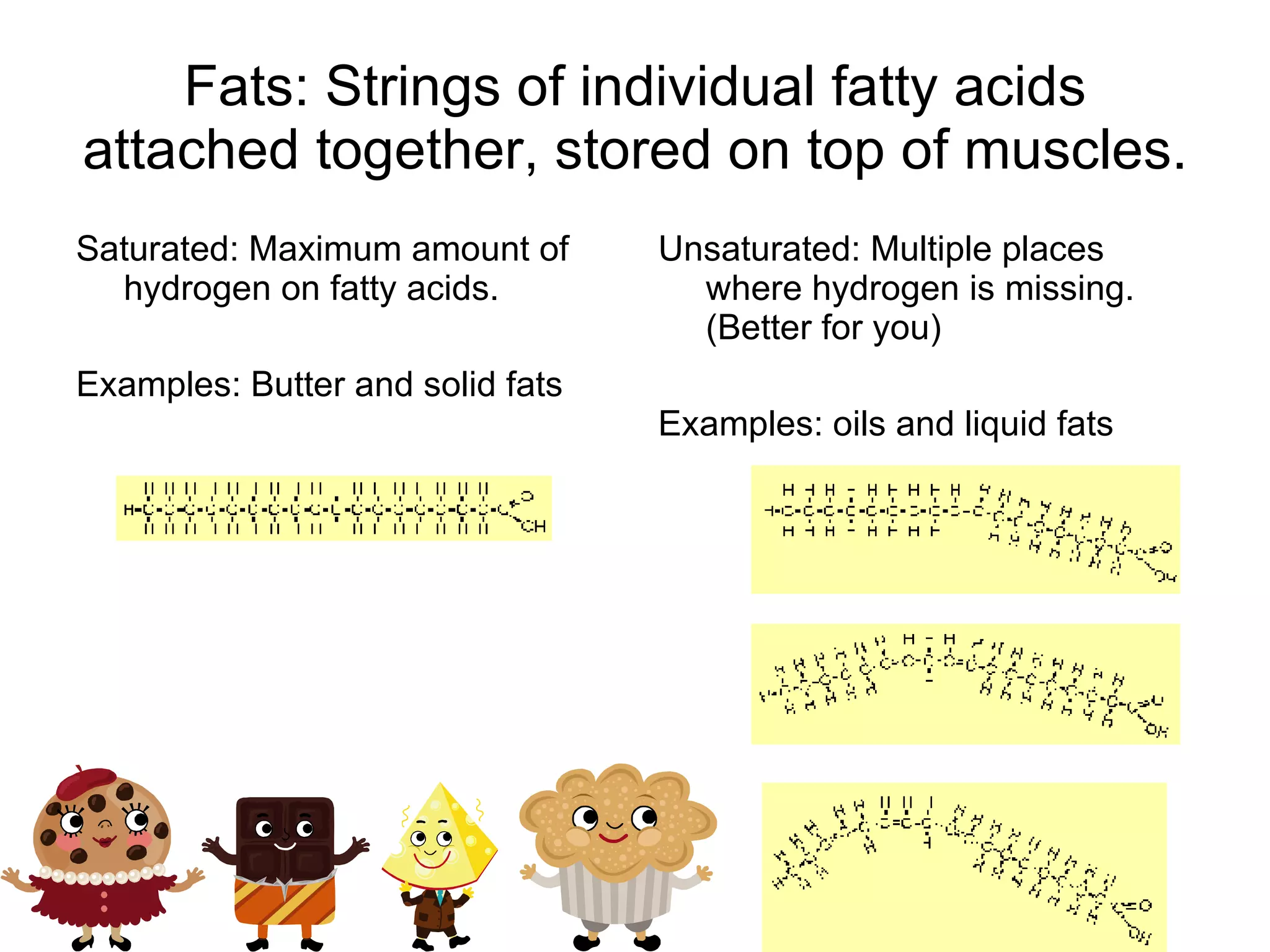 Fats: Strings of individual fatty acids attached together, stored on top of muscles. Saturated: Maximum amount of hydrogen on fatty acids. Examples: Butter and solid fats Unsaturated: Multiple places where hydrogen is missing. (Better for you) Examples: oils and liquid fats
