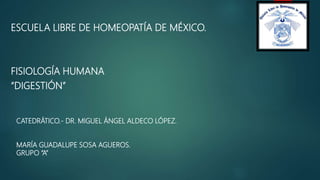 ESCUELA LIBRE DE HOMEOPATÍA DE MÉXICO.
FISIOLOGÍA HUMANA
“DIGESTIÓN”
CATEDRÁTICO.- DR. MIGUEL ÁNGEL ALDECO LÓPEZ.
MARÍA GUADALUPE SOSA AGUEROS.
GRUPO “A”
 