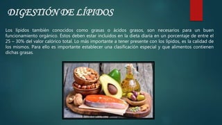 Los lípidos también conocidos como grasas o ácidos grasos, son necesarios para un buen
funcionamiento orgánico. Éstos deben estar incluidos en la dieta diaria en un porcentaje de entre el
25 – 30% del valor calórico total. Lo más importante a tener presente con los lípidos, es la calidad de
los mismos. Para ello es importante establecer una clasificación especial y que alimentos contienen
dichas grasas.
DIGESTIÓN DE LÍPIDOS
 